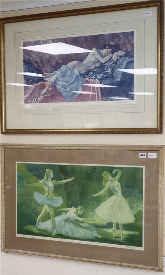 After Sir William Russell Flint, a signed print, Reclining Nude II and another of three ballerinas